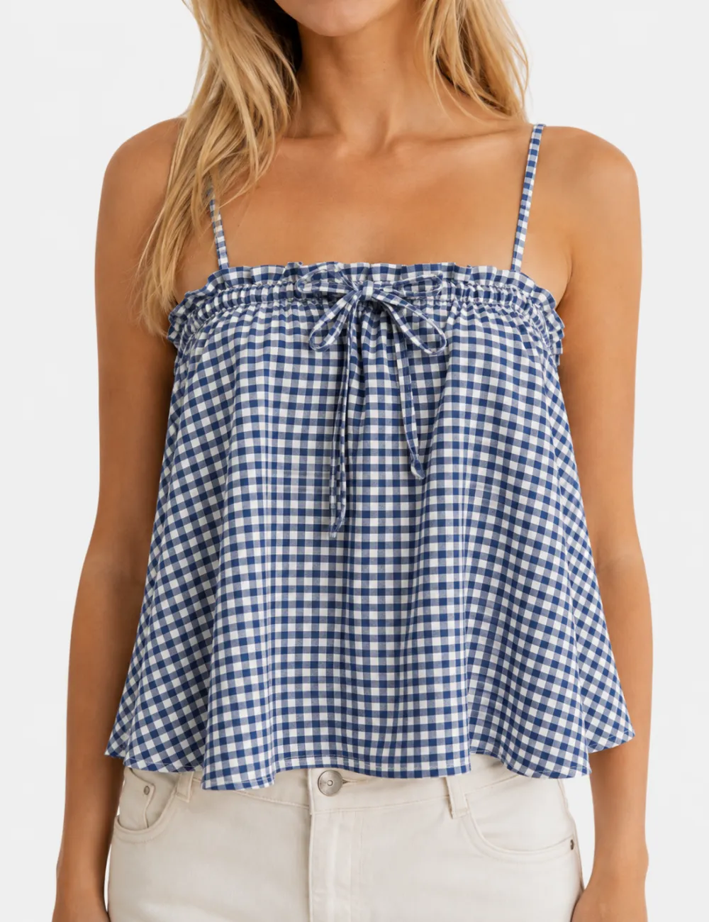 Gingham Drawstring Neck Ruffle Cami Top