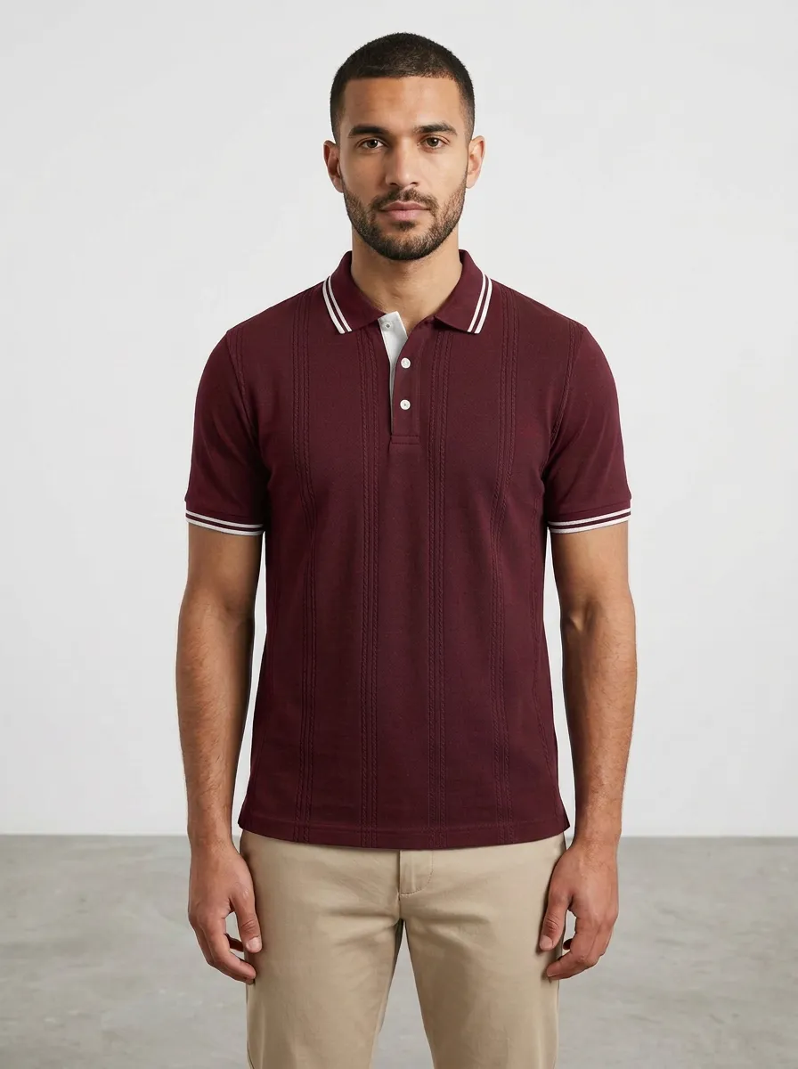 Men's Casual Vertical Striped Textured Polo Shirt