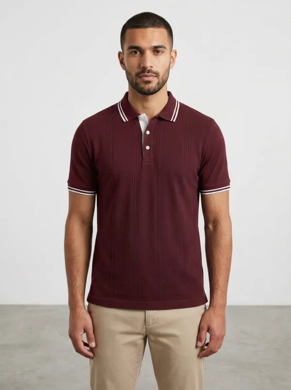 Men's Casual Vertical Striped Textured Polo Shirt