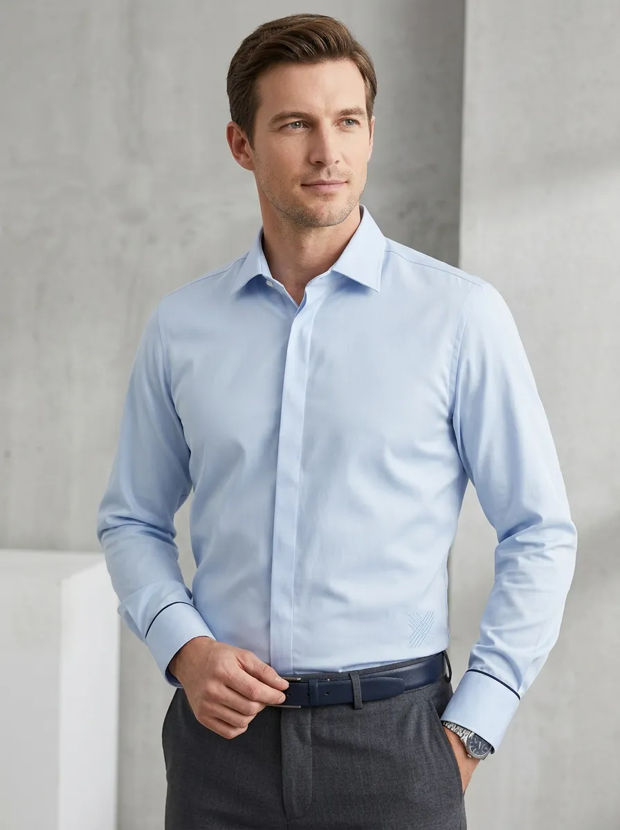 Men's Non-Iron Cotton Geometric Embroidered Long Sleeve Shirt