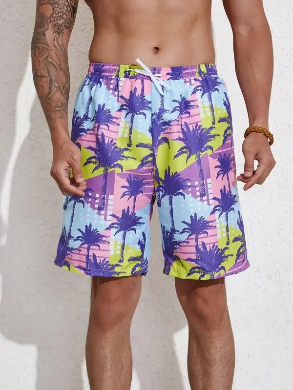 Men's Pocket Coconut Tree Print Swim Trunks