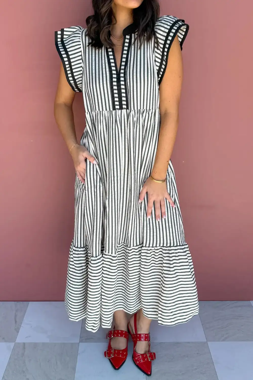 Striped V Neck Tiered Maxi Dress