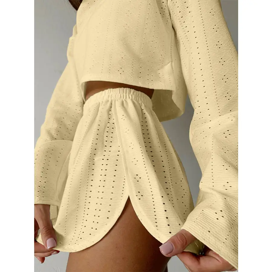 Relaxed Eyelet Round Neck Top and Shorts Set