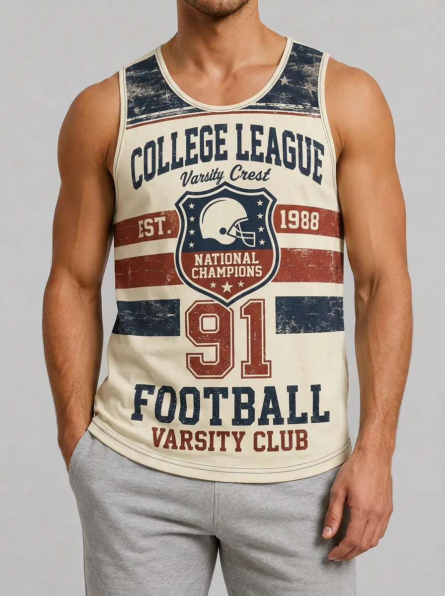 Men's College League Football Varsity Crest 91 Printed Tank Top