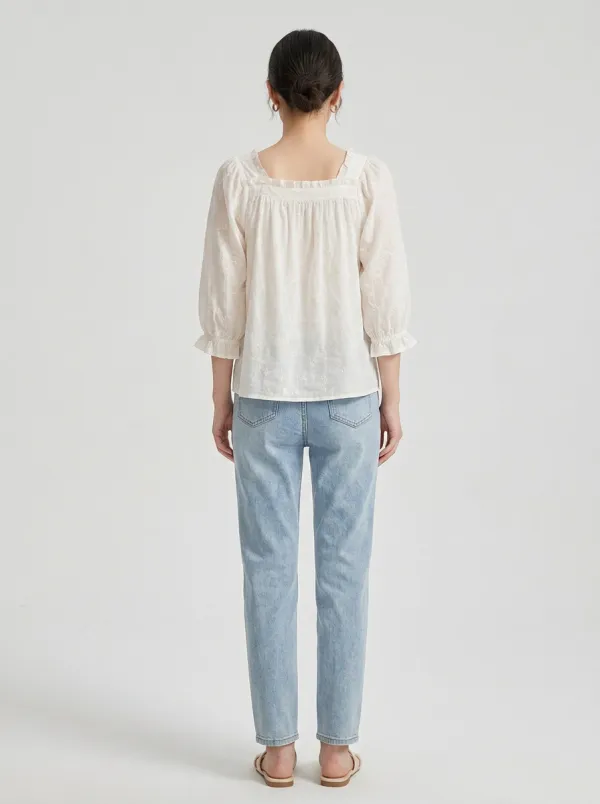 Relaxed Embroidered Floral Women's Puff-Sleeve Blouse
