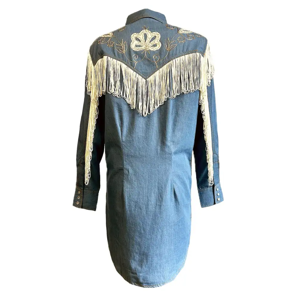 Embroidered Fringe Detail Denim Casual Dress