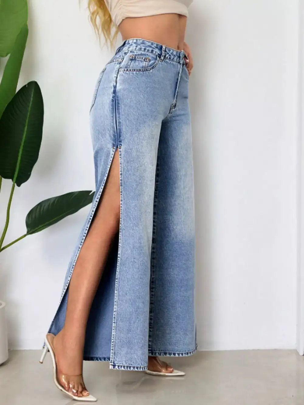 High-Waisted Wide-Leg Jeans With Side Slits