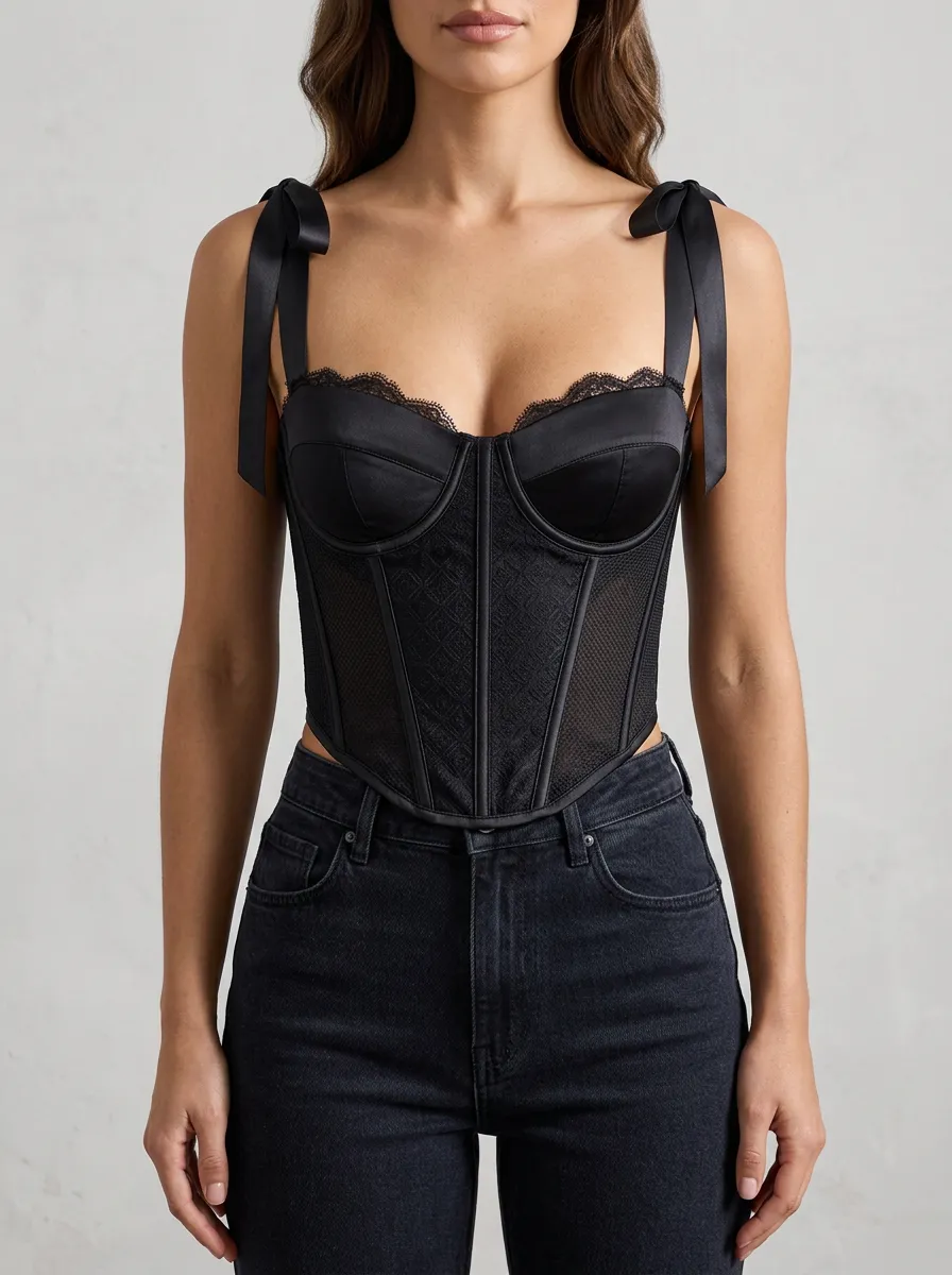 Satin-Style Sheer-Panel Sweetheart-Neck Women's Corset Top