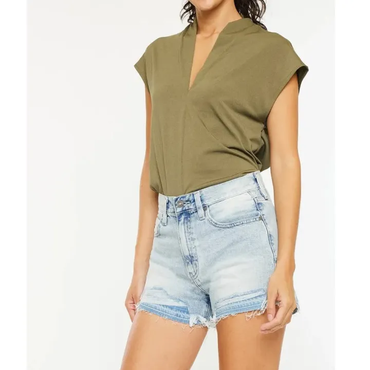 Refined High Rise Raw Hem Denim Shorts