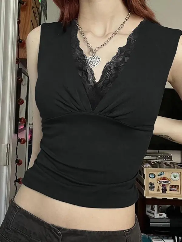 V-Neck Ruched Lace Slim-Fit Tank Top