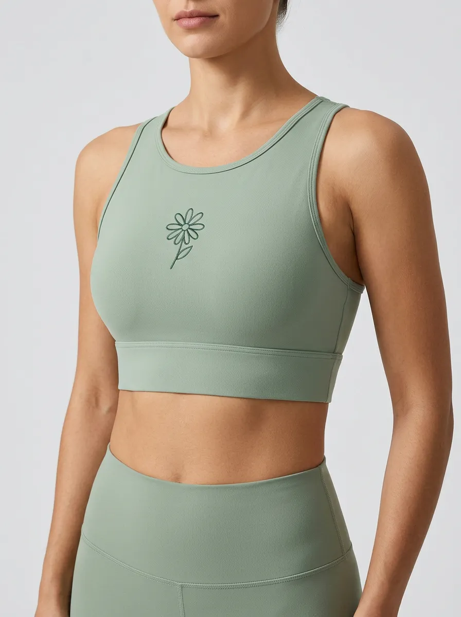 Women's Daisy-Embroidered High-Neck Sports Bra