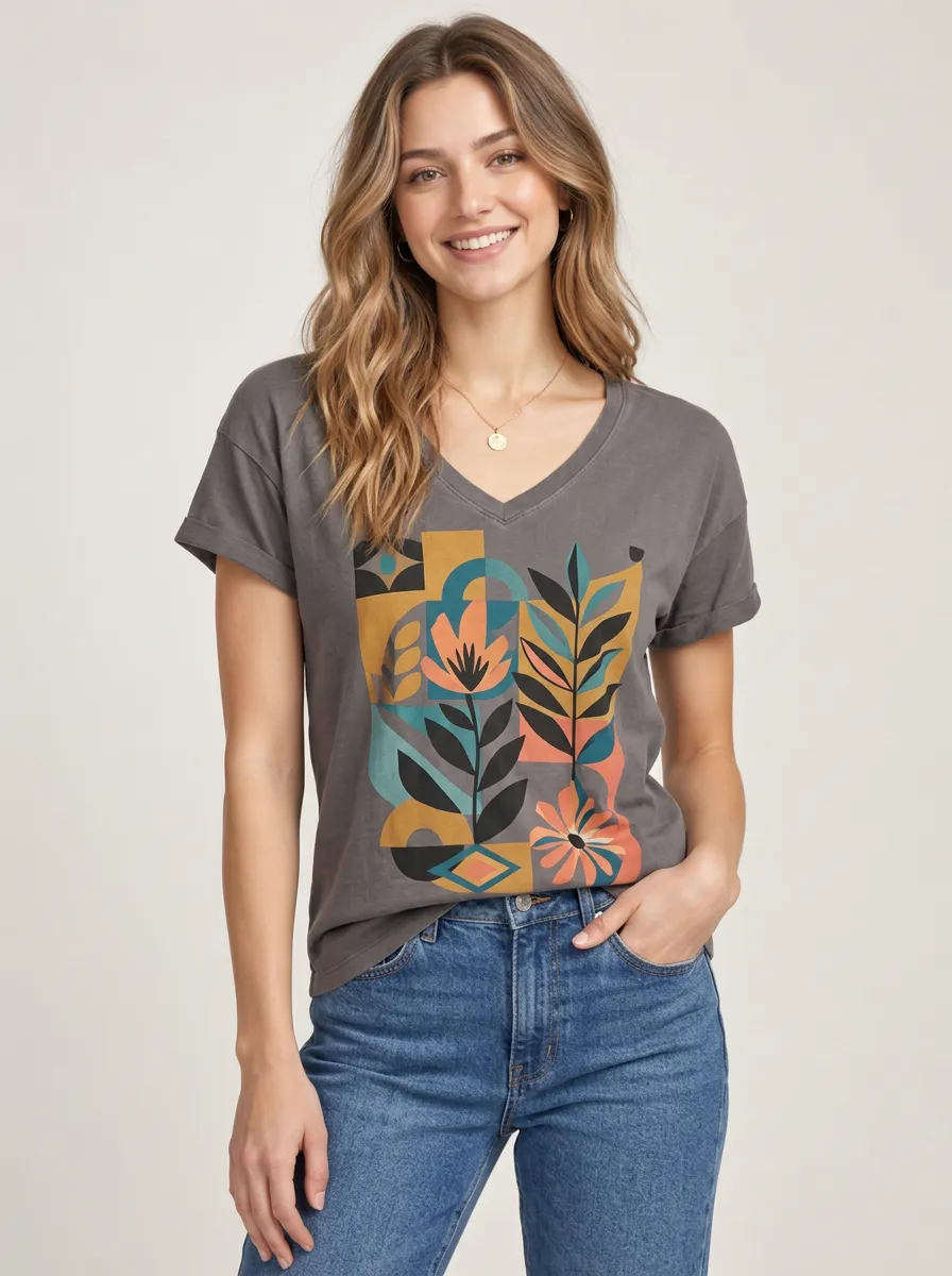 Women's Fresh Boho Floral Geometric V-Neck Graphic T-Shirt