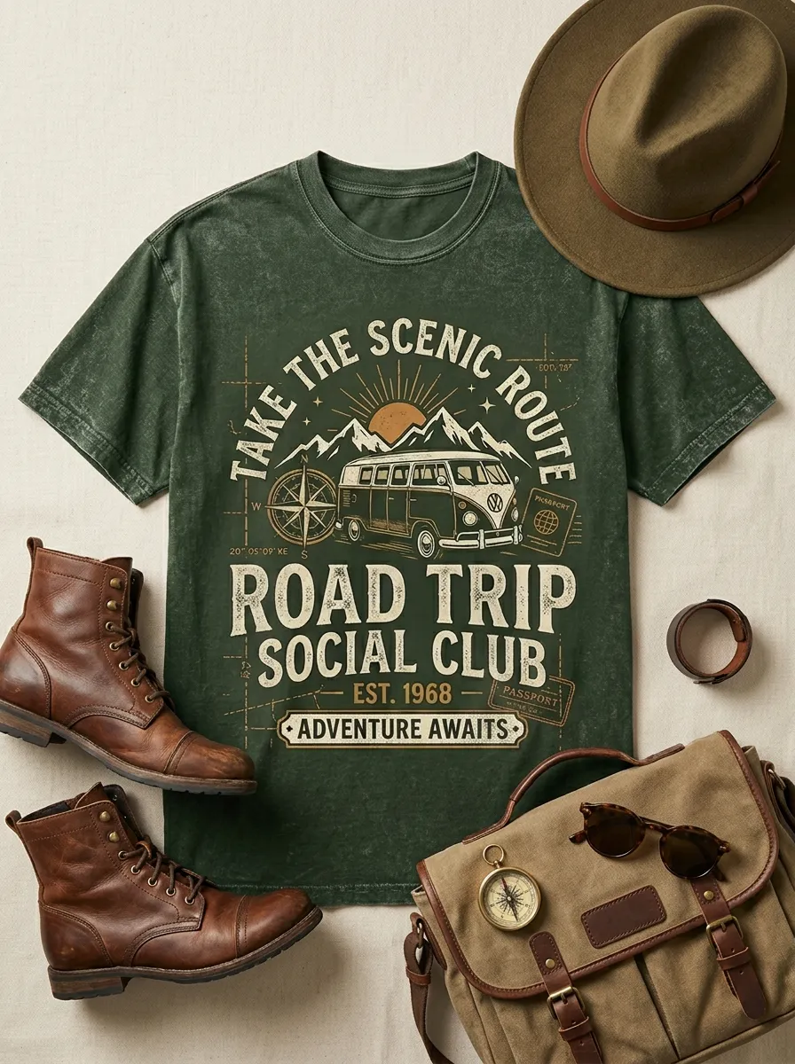 Unisex Road Trip Lover Vintage Van Mountain Printed T-shirt