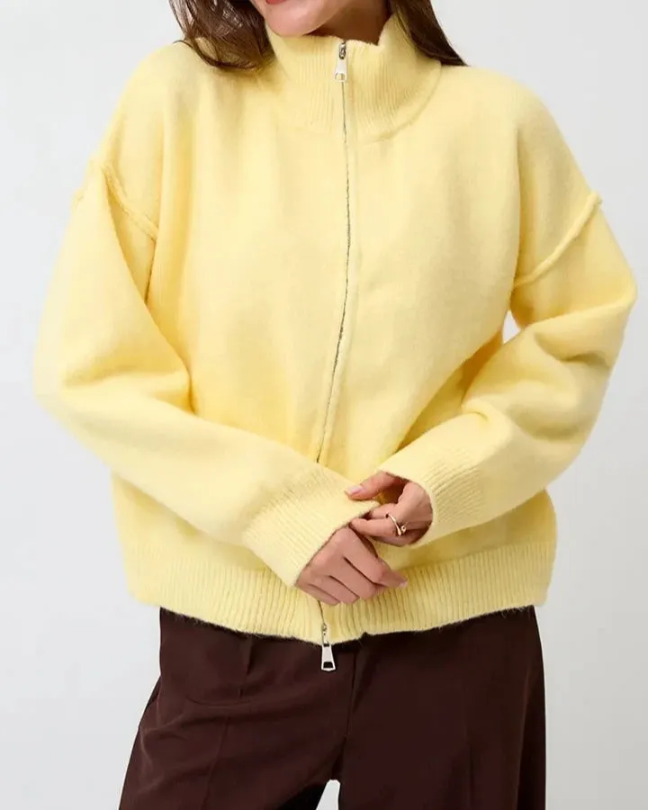 Cotton Polyester-Blend Zip-Up Oversized Knit Jacket