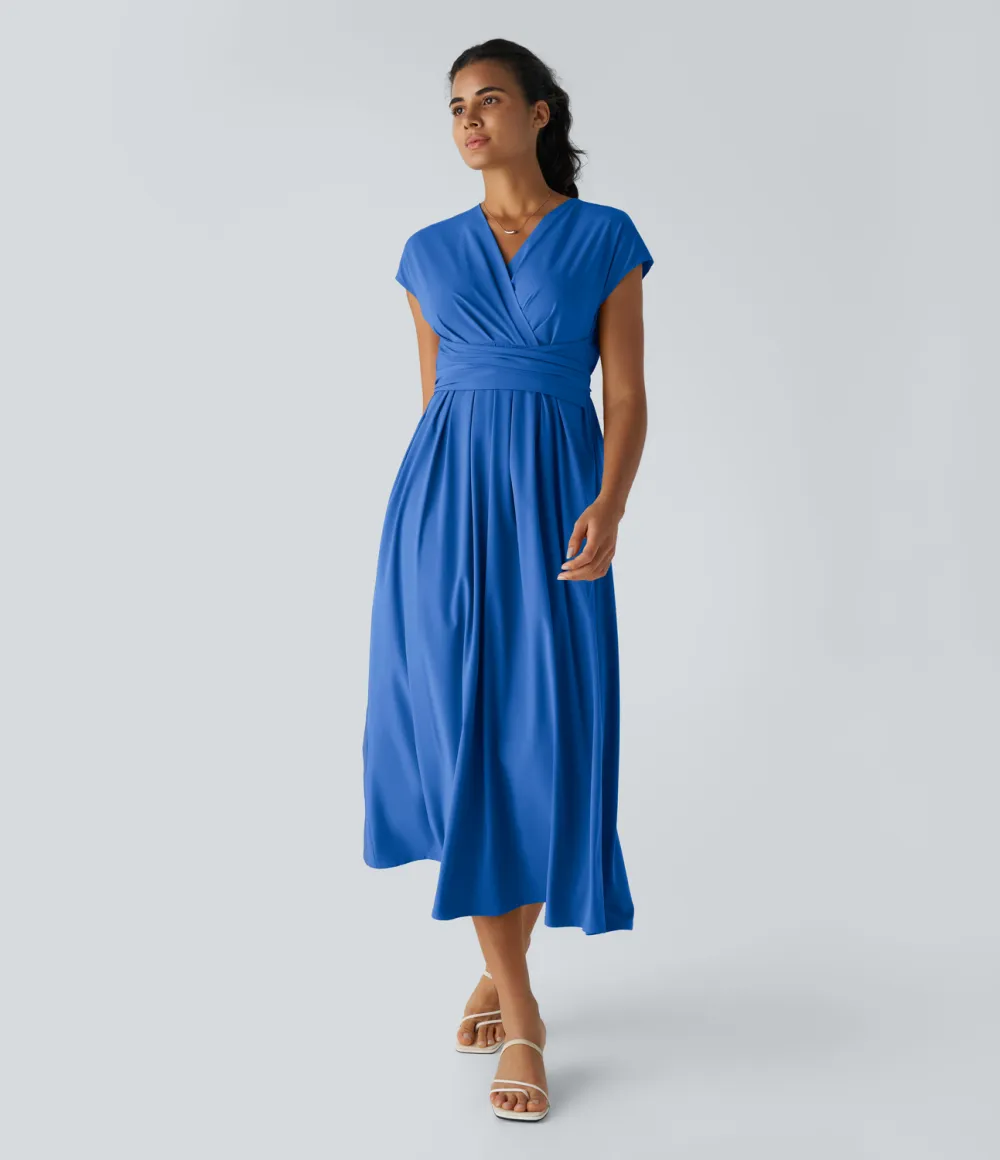 Breezeful V Neck Short Sleeve Side Pocket Tie Back Quick Dry Midi Casual Dress