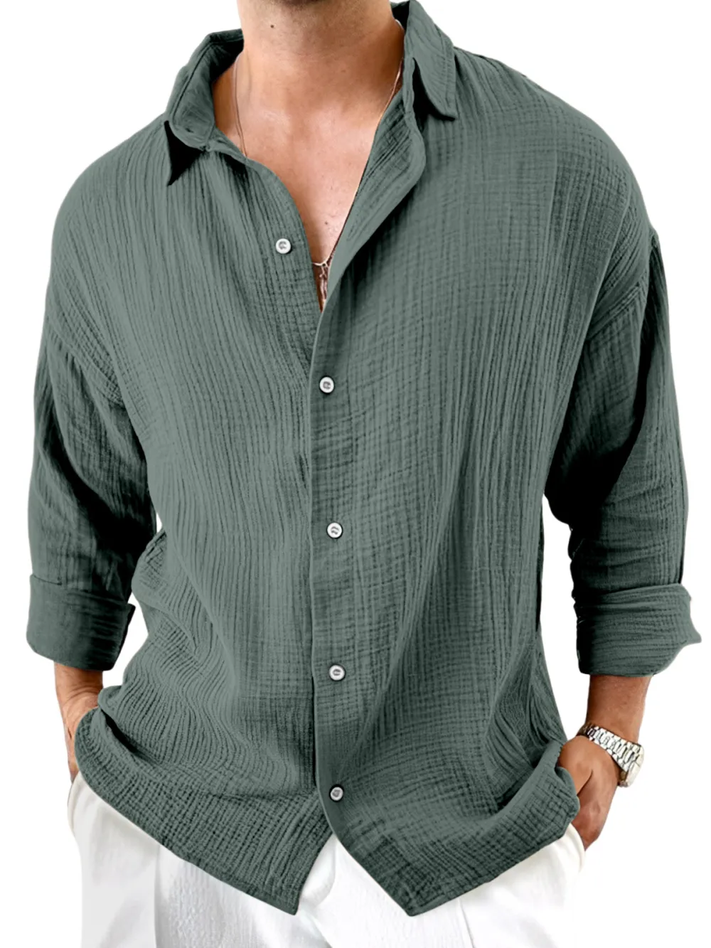 Roomy Long Sleeve Camp Collar Pleated Front Shirt