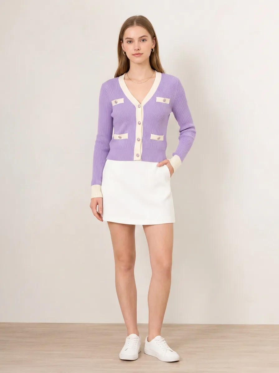 Women's Casual Chic Purple Contrast Trim Ribbed Knit Cardigan