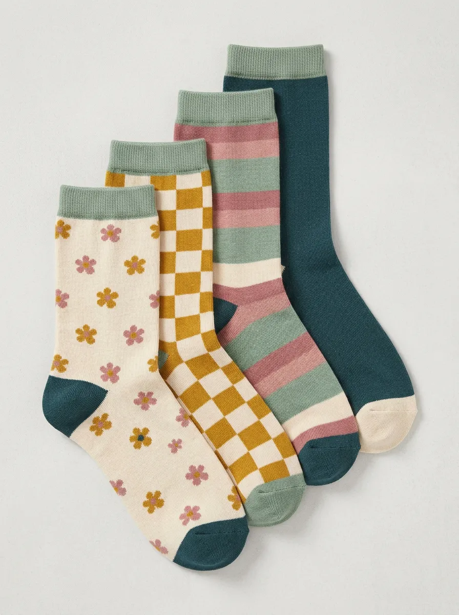 Modern Checkerboard Floral Striped Retro Four-Pair Casual Socks