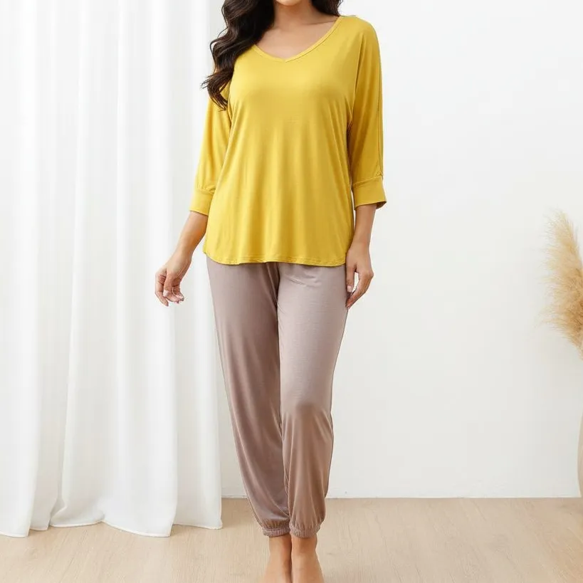 Three Quarter Sleeves Tapered Relaxed Cotton Pajama Set