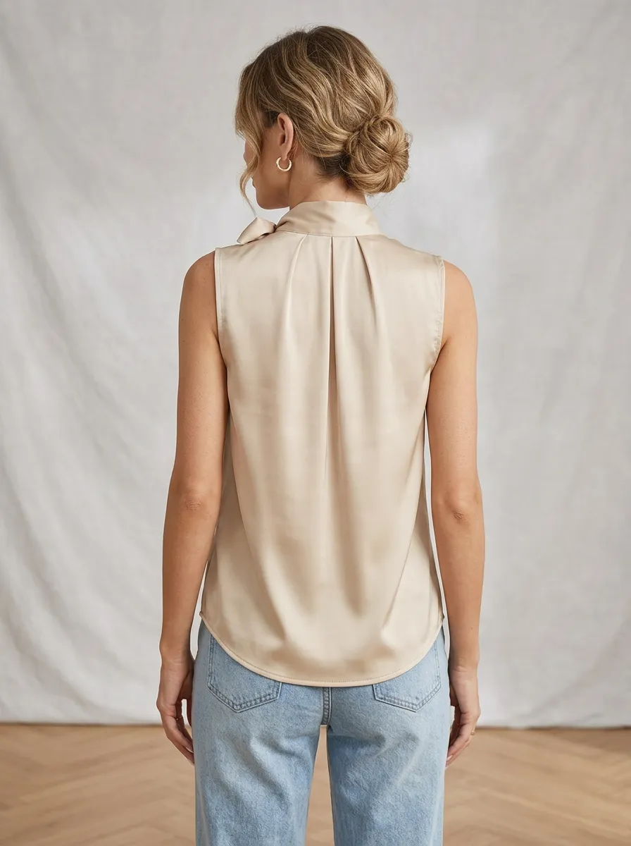 Satin Mock Neck Tie-Front Sleeveless Top
