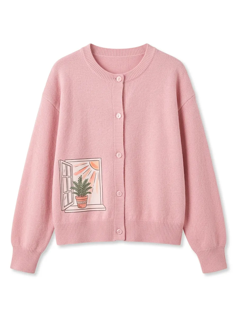 Women's Crew-Neck Graphic Rib-Trim Cardigan