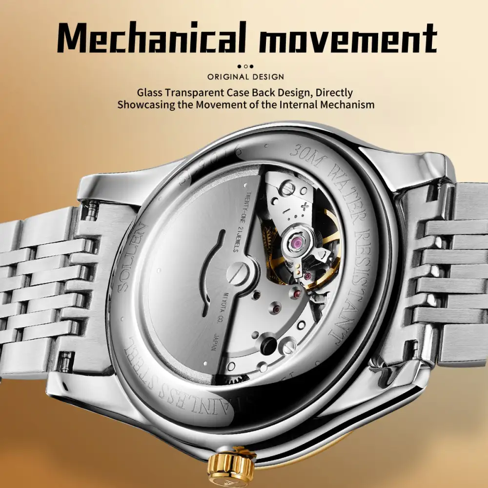 Sollen 9016 Automatic Watch - Men's Full Day Date Sunray Dial 9-Bead Stainless Steel Bracelet Wristwatch