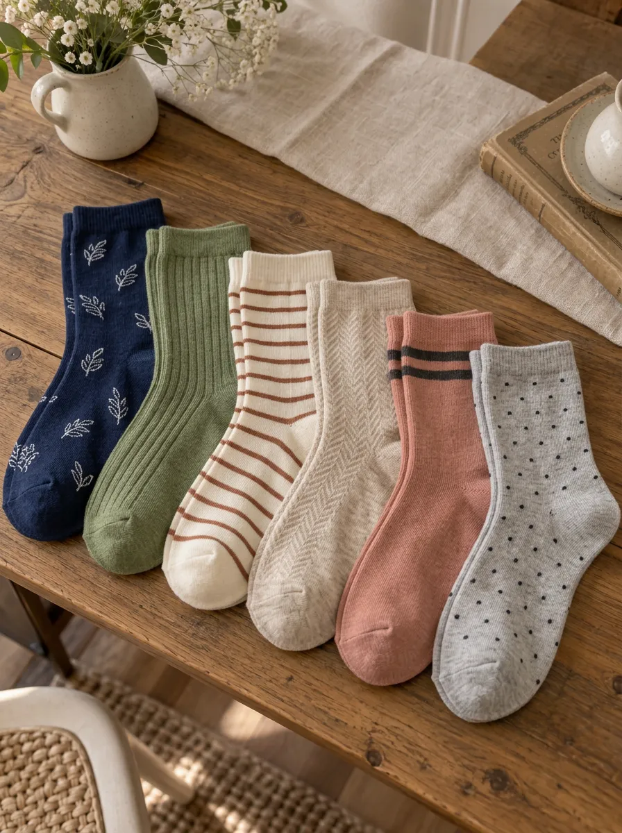 Women's Vintage Aesthetic Floral Striped Polka Dot Printed Socks 6-Pack