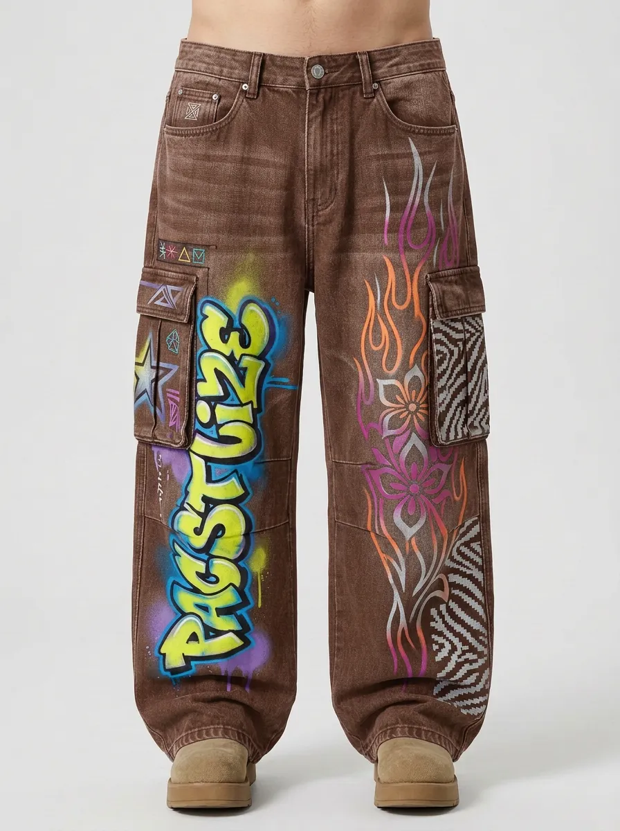 Men's Streetwear Graffiti Flame Floral Graphic Cargo Jeans