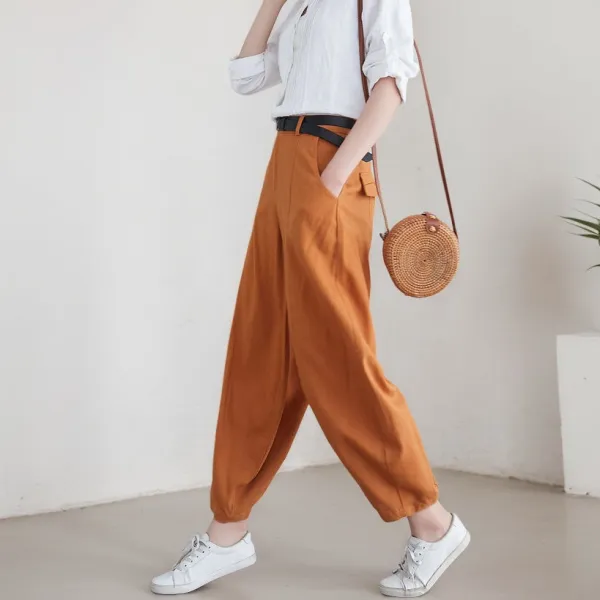 Relaxed Linen Cotton Wide Leg Pocketed Trousers