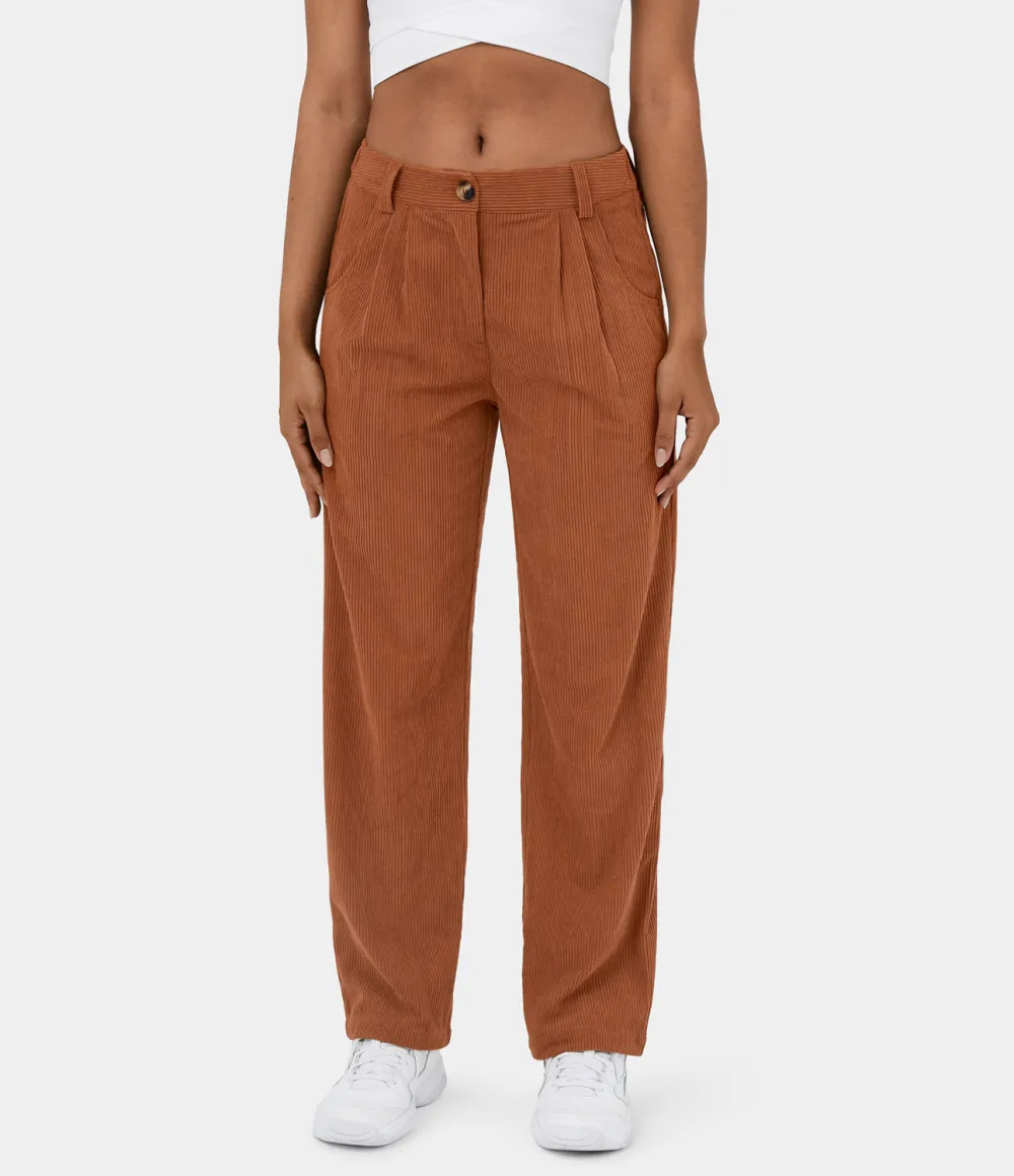 Mid Rise Button Zipper Side Pocket Corduroy Casual Pants