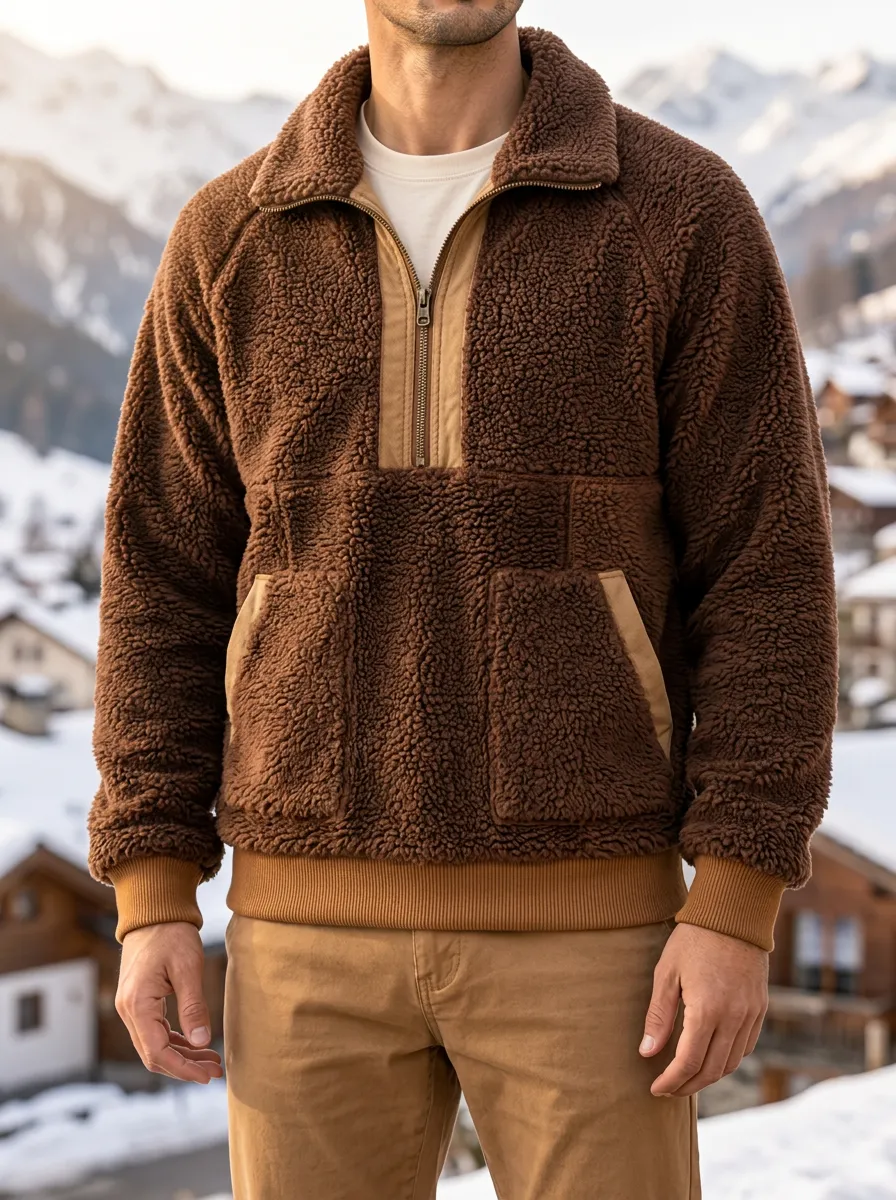 Men's Vintage Inspired Brown Zip Front Sherpa Fleece Casual Jacket