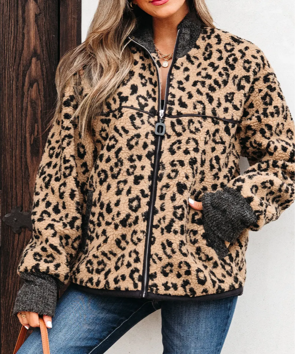 Women's Leopard Print Zip Up Stand Neck Side Pocket Jacket