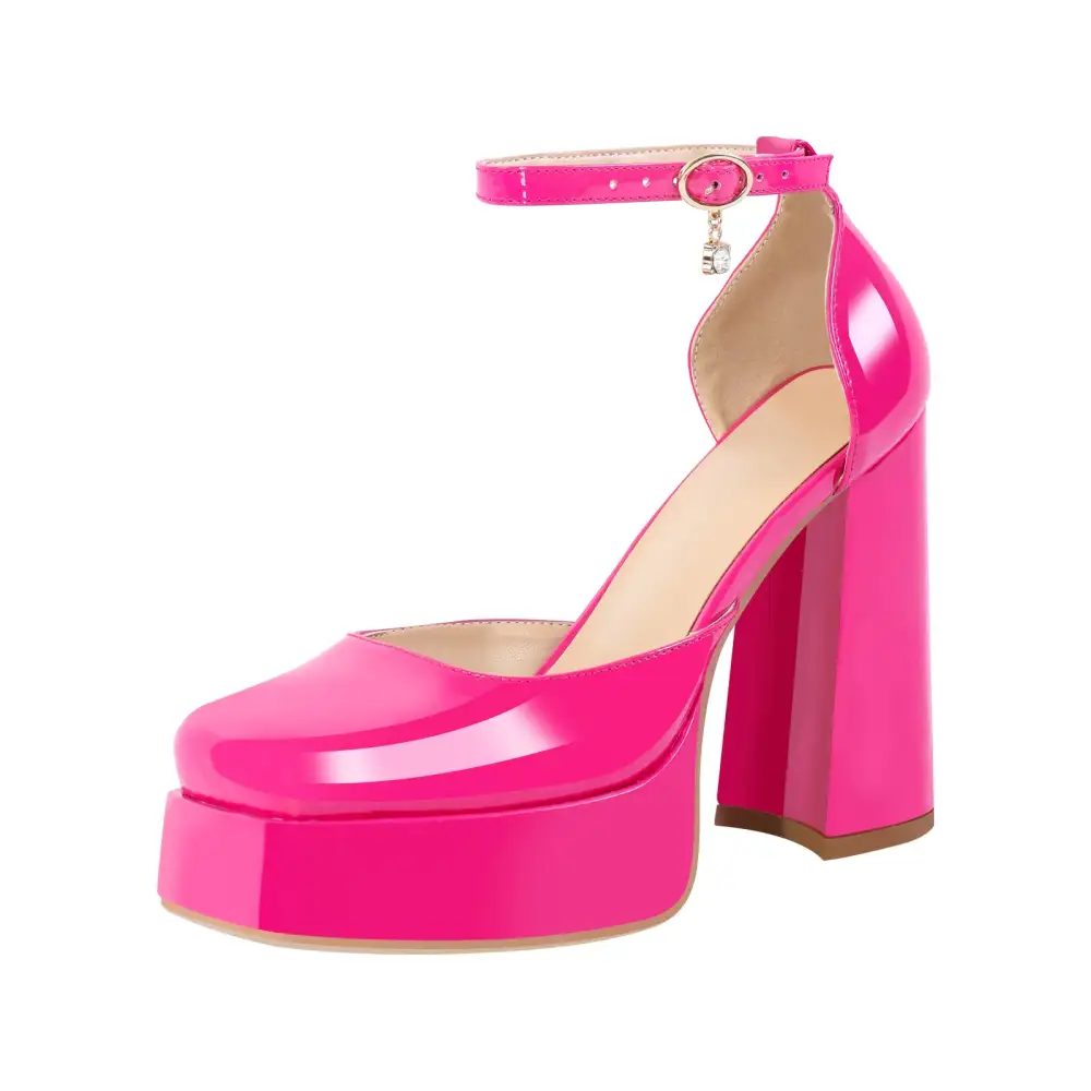 Modern Patent Finish Square Toe Low Platform Chunky Heel Pumps