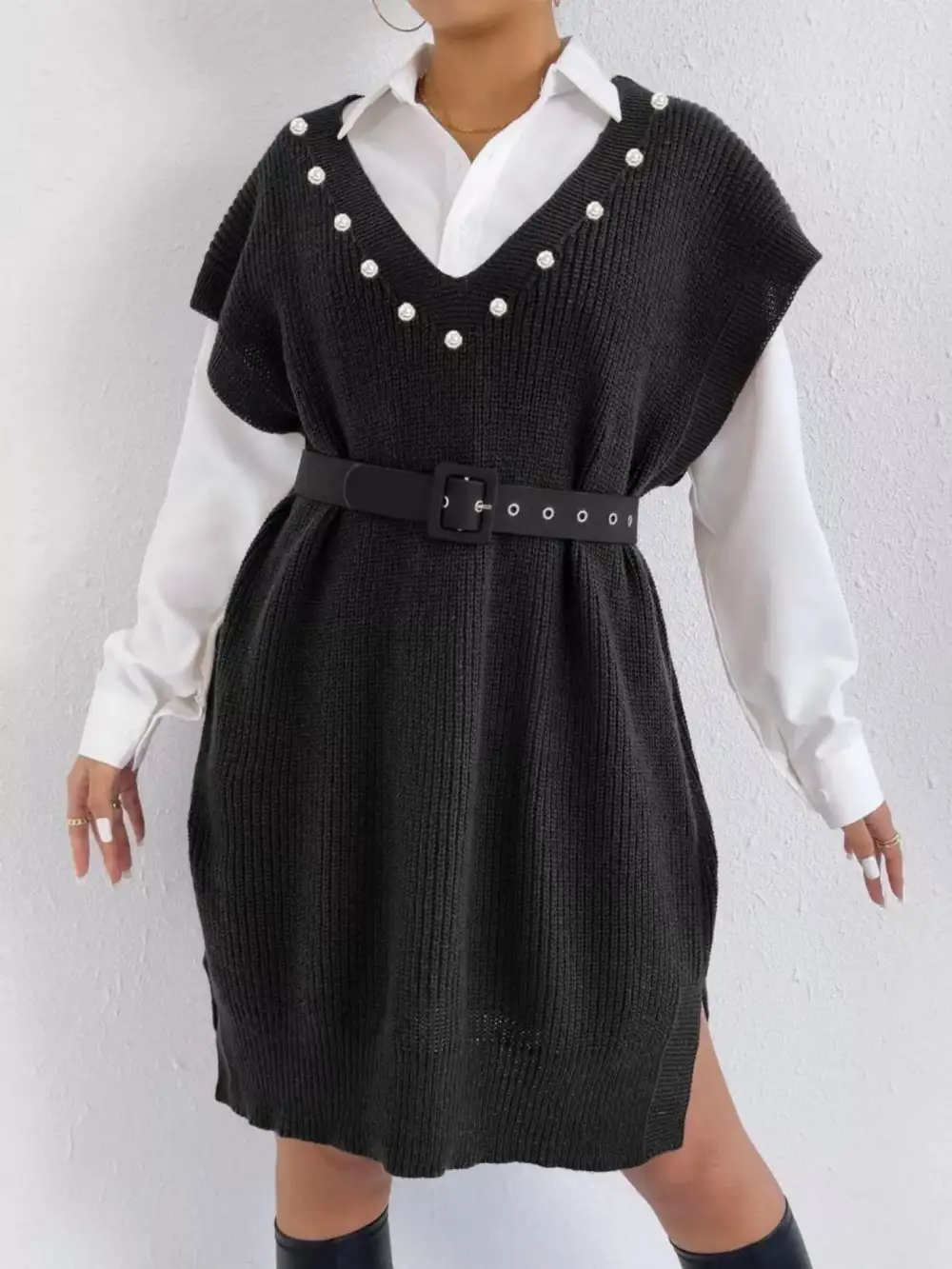 V Neck Slit Sweater Dress