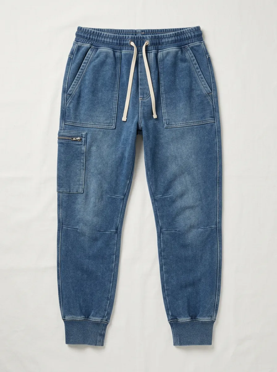 Unisex Casual Streetwear Washed Denim Cargo Jogger Pants