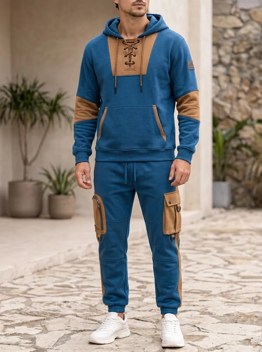 Trail-Inspired Lace-Up Multi Pocket Fit Men's Lace Up Hoodie And Cargo Jogger Set