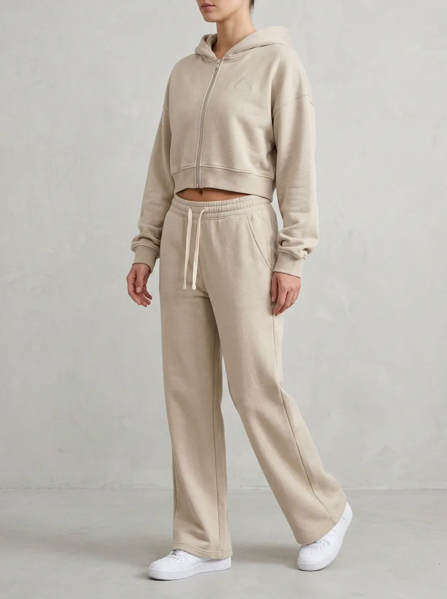 Zip-Up Sweatpants Embroidered-Detail Minimal Women's Cropped Zip-Up Hoodie Jogger Active Set