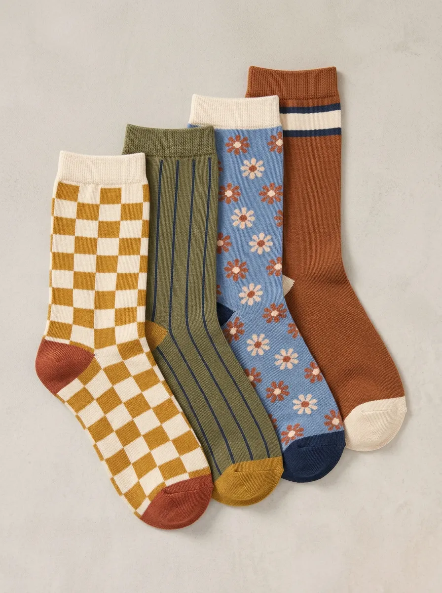 Practical Floral Striped Profile Women's Four Pair Socks