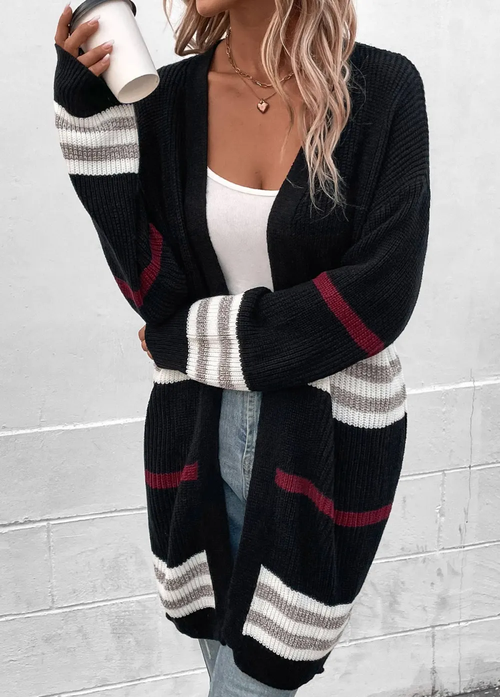 Wine Red Weave Long Sleeve V Neck Coat