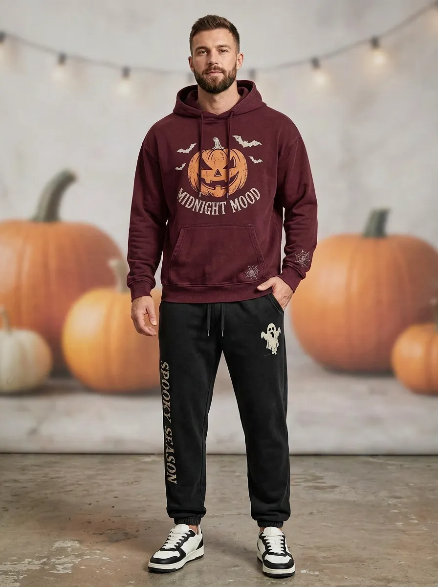Men's Halloween Black Midnight Mood Pumpkin Ghost Kangaroo-Pocket Hoodie Jogger Set