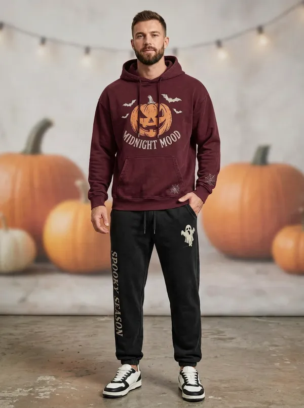 Men's Halloween Black Midnight Mood Pumpkin Ghost Kangaroo-Pocket Hoodie Jogger Set