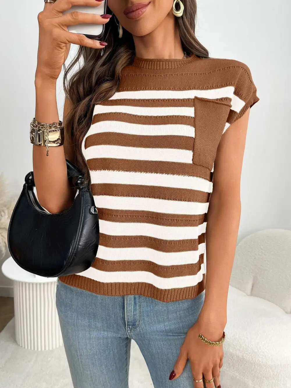 Striped Knit Pocket Detail Cap Sleeve Sweater