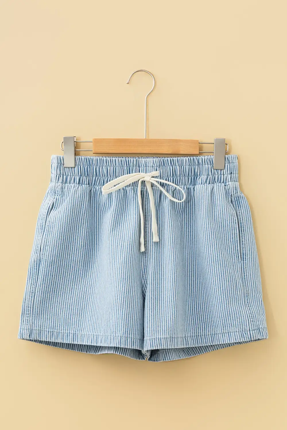Striped Elastic Waist Drawstring Relaxed Fit Denim Shorts