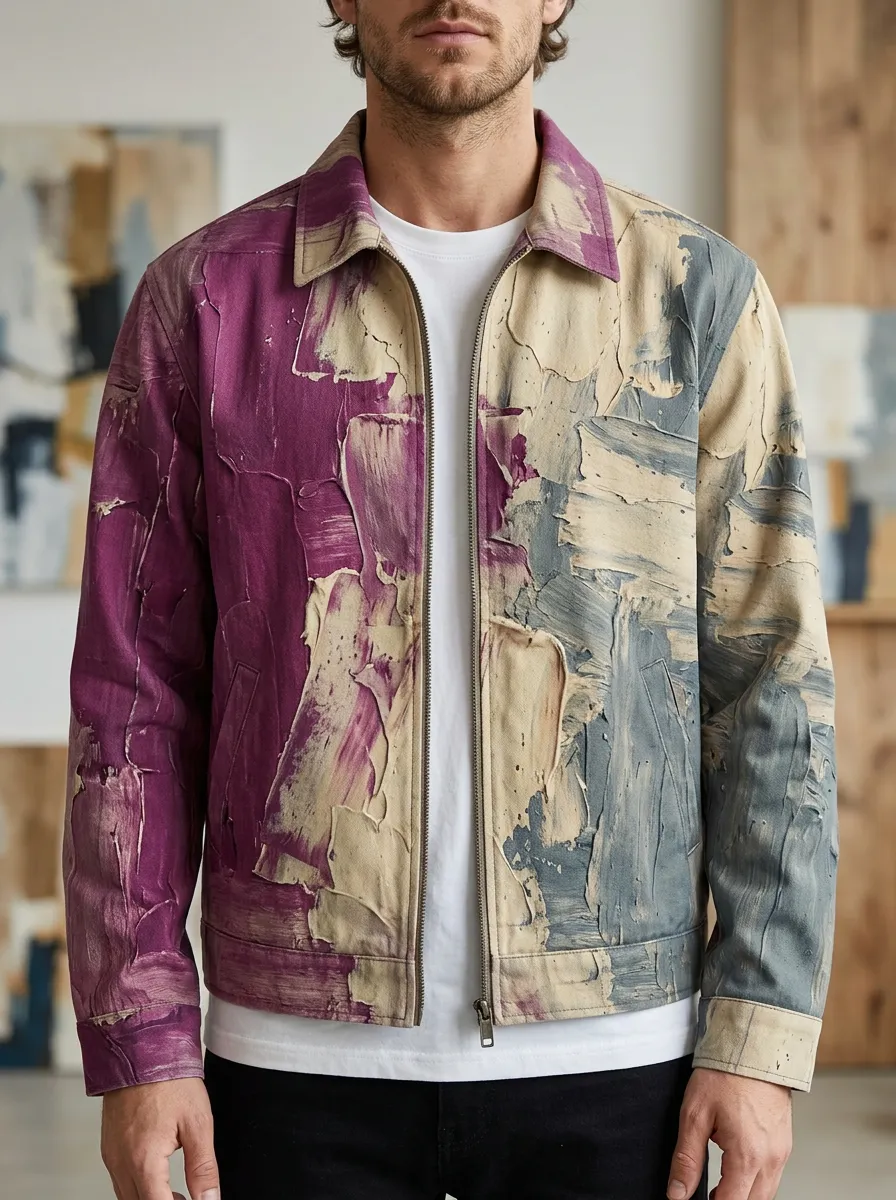 Men's Abstract Art Style Purple Grey Oil Paint Printed Jacket