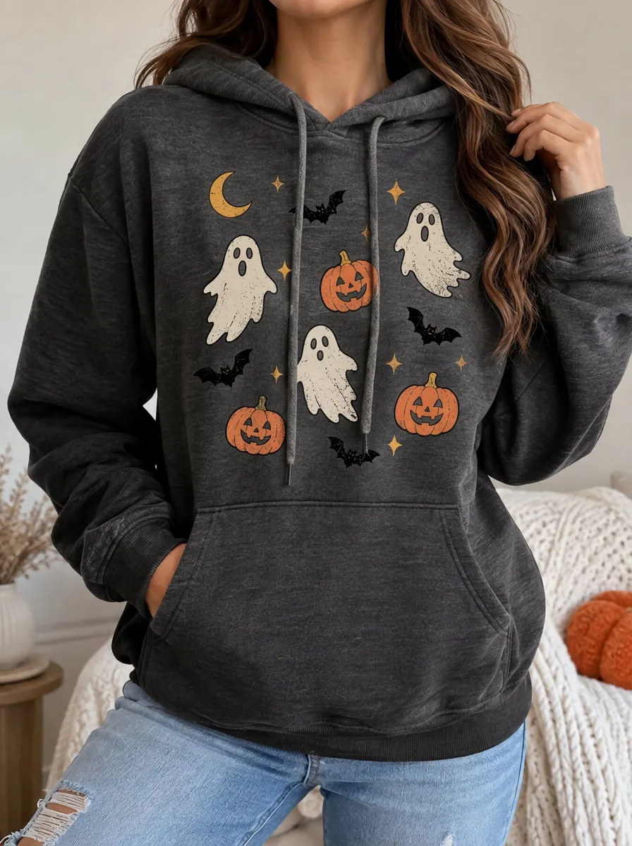 Women's Halloween Ghost Pumpkin Bat Statement Graphic Hoodie