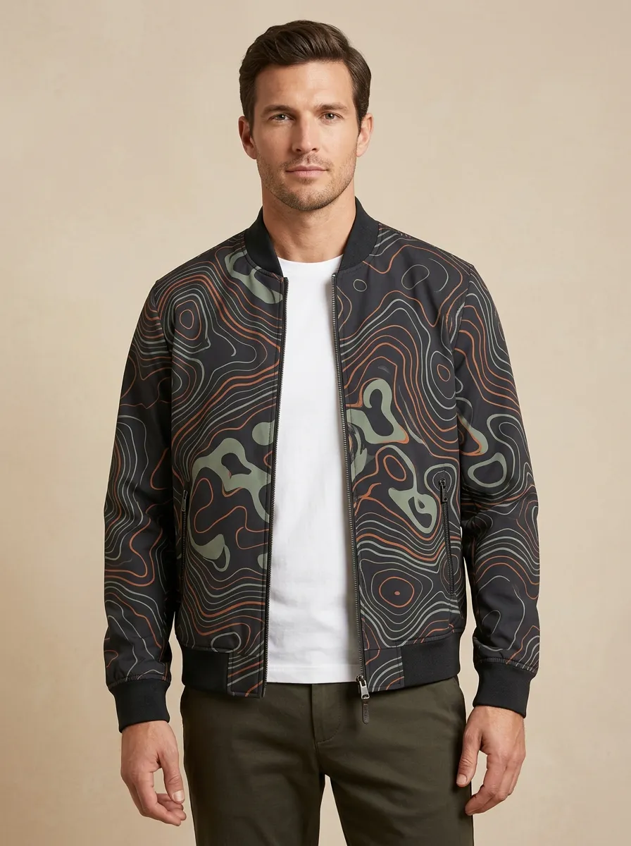 Topographic Print Ribbed Trim Sleeve Detail Bomber Jacket