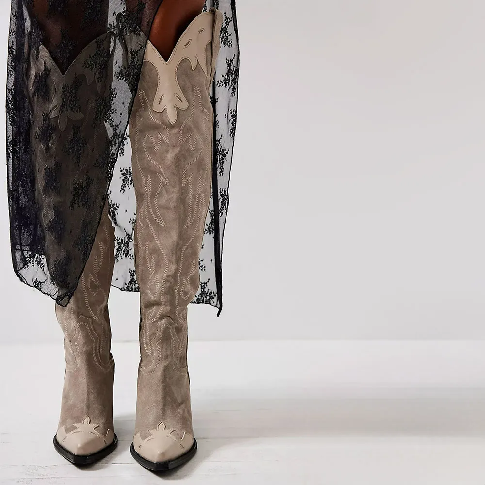 Faux-Suede Faux-Leather Embroidered Patchwork Western Boots