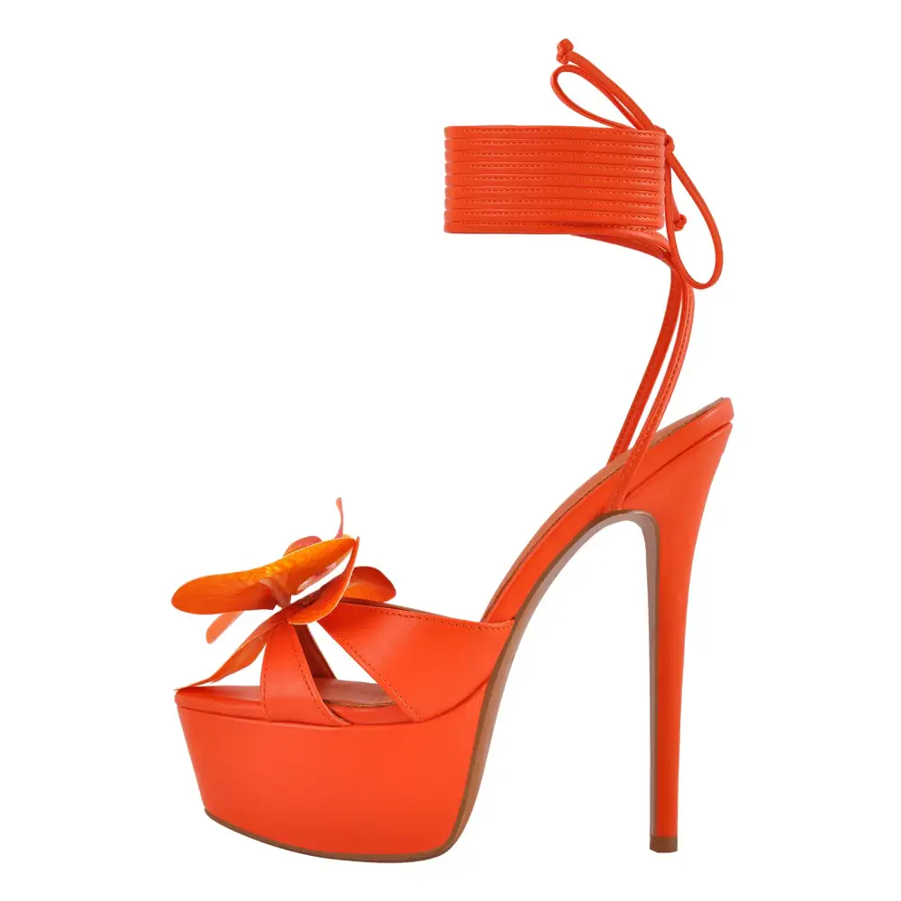 Round Toe Flower Platform Lace Up Stiletto Sandals