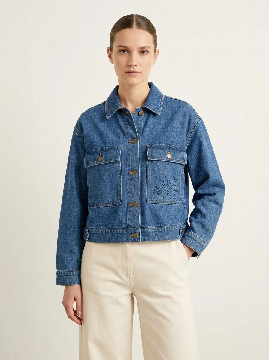 Women's Botanical Line Art Printed Denim Jacket