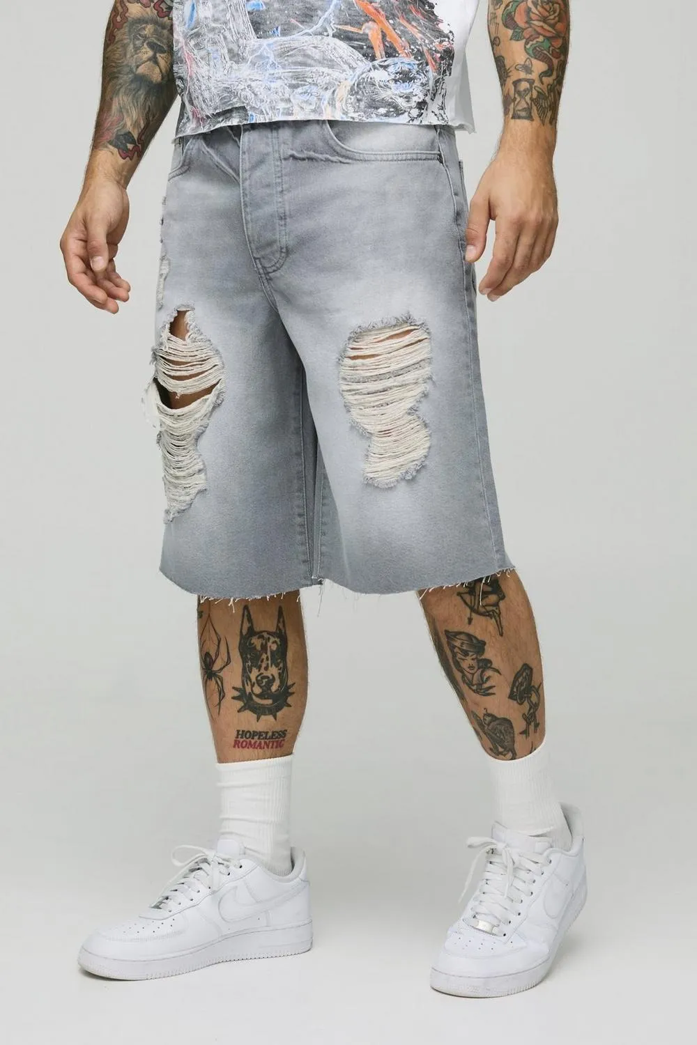 Light Grey Cotton Washed Ripped Denim Jorts Daily